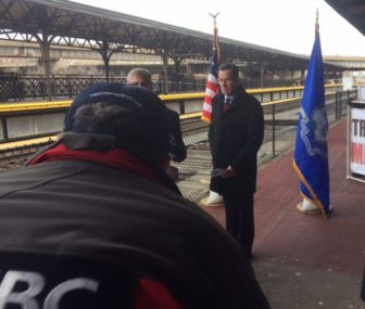 Gov. Dannel P. Malloy on the platform at Union Station in Hartford promoting his transportation plan.