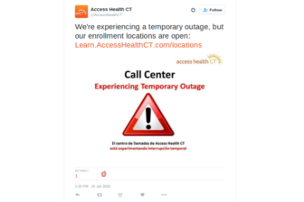 A tweet sent by the official Access Health CT Twitter account Monday afternoon encouraged residents to continue enrolling despite the call center outages.
