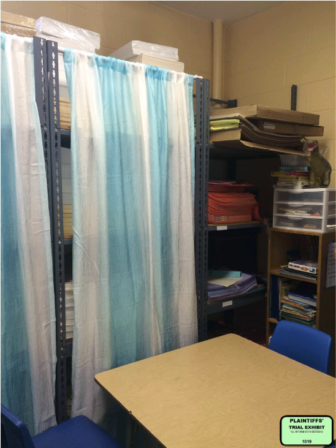 A makeshift classroom in a locker room off the gym at North Windham Elementary School