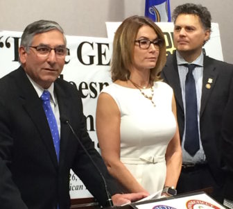 Senate Minority Leaders Len Fasano, House Minority Leader Themis Klarides and GOP Rep. Gary Byron of Newington at a press conference outlining Republican budget-cutting proposals.