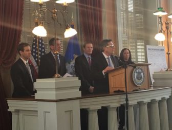 From left to right: Hartford Mayor Luke Bronin, Gov. Dannel P. Malloy, U.S. Sen. Richard Blumenthal, White House Director of National Drug Control Policy Michael Botticelli and DCF Commissioner Joette Katz.
