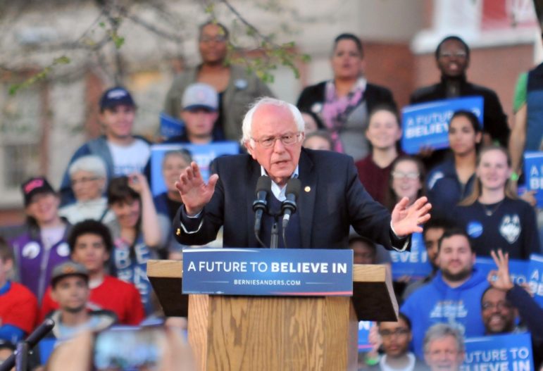 Democratic presidential candidate Bernie Sanders speaks to supporters on the New Haven Green Sunday night.