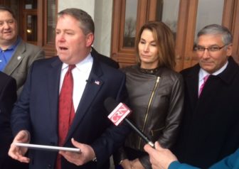 Dan Carter announces his candidacy. At right is Rep. Themis Klarides and Sen. Len Fasano.