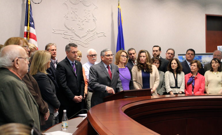 Senate Minority Leader Len Fasano and House Minority Leader Themis Klarides, surrounded by GOP legislators, explain details of the party's proposed budget
