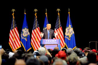 Republican presidential candidate Donald Trump speaks at rally at Crosby High School in Waterbury on Saturday.