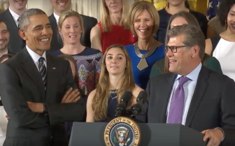 President Obama and UConn women's basketball coach Geno Auriemma at the White House Tuesday.