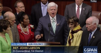 U.S. Rep. John Larson, D-1st District, urges a House vote on gun control legislation before the House recessed and the House-controlled cameras that provide C-SPAN's video feed were cut off. To the right are U.S. Reps. Rosa DeLauro, D-1st District, and Joe Courtney, D-2nd District.