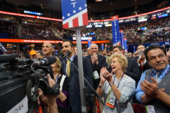 Former Connecticut GOP Senate candidate Linda McMahon applauds as state Chair J.R. Romano casts Connecticut's 28 votes for Trump.