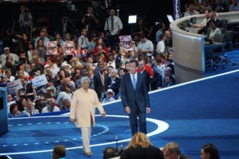 Gov. Dannel P. Malloy exits the stage with former Atlanta Mayor Shirley Franklin, his Platform Committee co-chair.