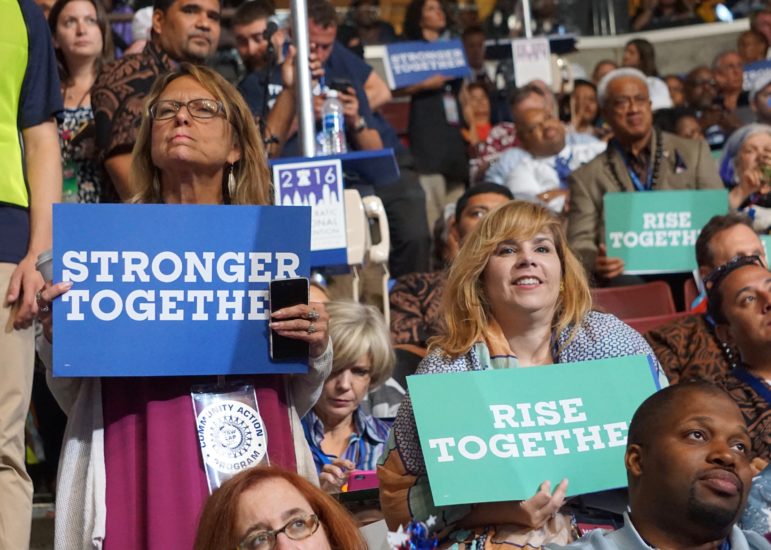 Julie Kusher, left, a Clinton delegate and co-chair of the Working Families Party, is reaching out to Sanders delegates.