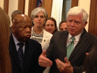 Democratic U.S. Reps. John Lewis, left, and John Larson following their meeting with Speaker of the House Paul Ryan.
