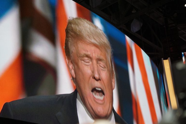 Donald J. Trump on a video screen at the Republican National Convention.