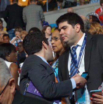Devon Puglia, right, at the Democratic National Convention with Mike Mandell, director of the state party.