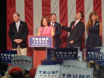 State Republican leaders speak at Donald Trump's rally in Fairfield Friday night. From left to right: State Sen. Michael McLachlan, R-Danbury, Fairfield Selectwoman Laurie McArdle, State Rep. Dan Carter, R-Bethel, CT GOP Chairman J.R. Romano and CT GOP Vice Chairwoman Annalisa Stravato.