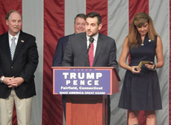 Connecticut Republican Party Chairman J.R. Romano, front, speaks during Donald J. Trump's presidential rally in Fairfield. He is joined by state Sen. Michael McLachlan, R-Danbury, left, state Rep. Dan Carter, R-Bethel, center, and Connecticut Republican Party Vice Chairwoman Annalisa Stravato.