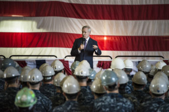 Secretary of the Navy Ray Mabus meets with sailors and shipyard employees at General Dynamics Electric Boat in Groton after a pre-commissioning tour of the Virginia-class attack submarine Illinois in 2014.