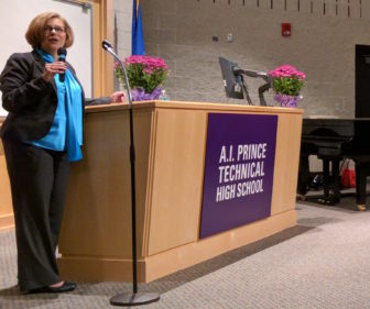 Dianna Wentzell, CT's education chief, delivers a pep talk to superintendents of schools.