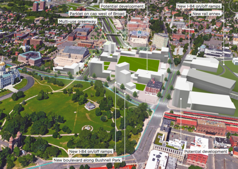 I-84 would disappear beneath air-rights developments as it enters Hartford from the west.