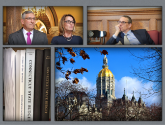 Top from left, Senate Republican leader Len Fasano, House Republican leader Themis Klarides and Malloy administration budget director Benjamin Barnes