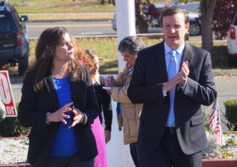 State Sen. Dante Bartolomeo, who appeared to lose, with U.S. Sen. Chris Murphy outside a Cheshire polling place.