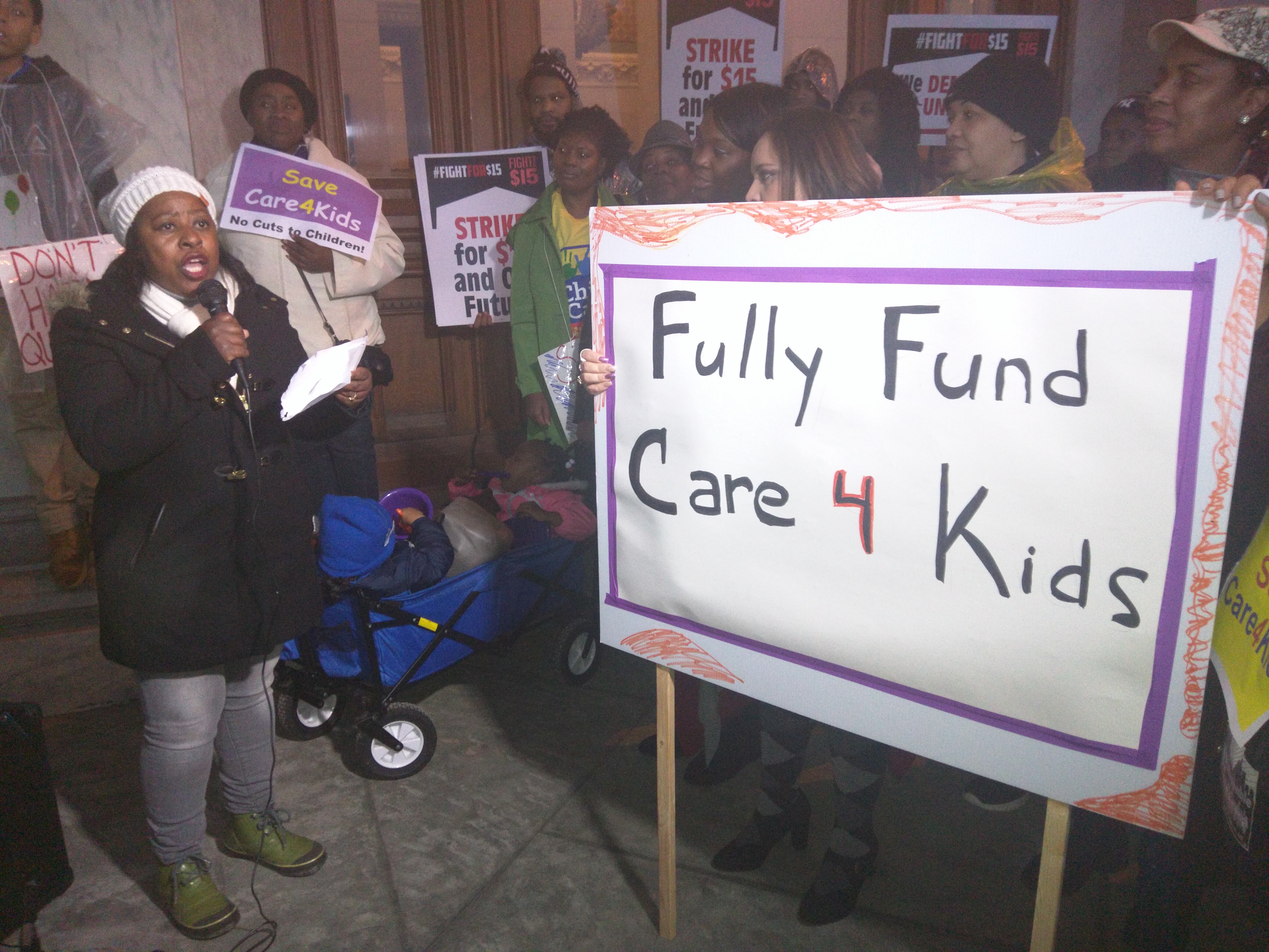 Freelove Queen of New Haven during a rally at the state Capitol about the cuts to the state's child care subsidy program.