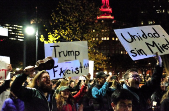 Demonstrators at the Thursday evening rally against Trump in New Haven.