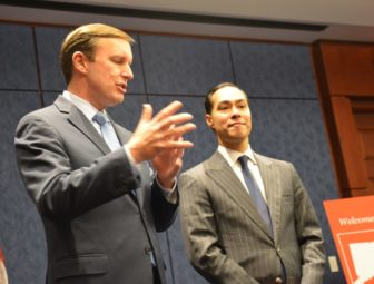 Sen. Chris Murphy, left, and Julian Castro, secretary of the Department of Housing and Urban Development.