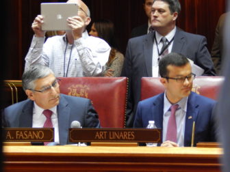 Senate Republican President Pro Tem Len Fasano of North Haven and Sen. Art Linares of Westbrook on opening day of the 2017 legislative session.