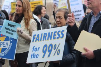 Students and faculty rally outside the state Capitol against potential budget cuts to public colleges and universities last week