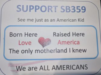 A sign supporting S.B. 359, which would prohibit breaking student data down into more detailed race and ethnicity categories.