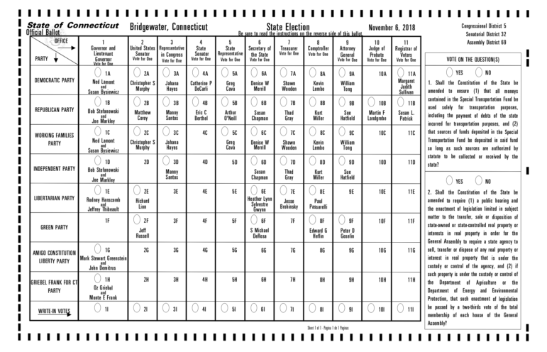 A sample ballot from the November 2018 election for the town of Bridgewater. Your ballot might be two-sided, so check the back.