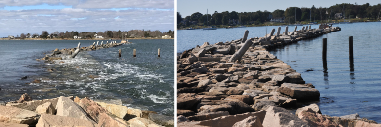 Left, a submerged breakwater structure during Sandy flooding. Rright, the same structure at normal water levels.