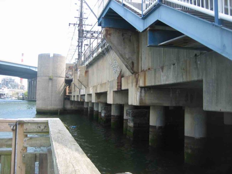 Bridgeport Station sits on concrete pilings. The Pequonnock River flows underneath. During storm Sandy, the river water flowed all the way to the street on the other side of the station.