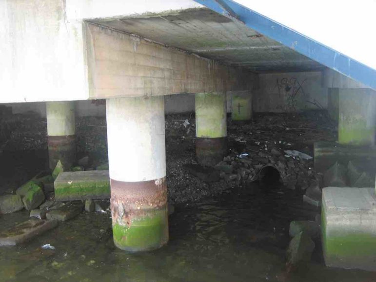 The Pequonnock River underneath Bridgeport Station, well below high tide. During Sandy the water eroded the bank and flowed to the street beyond the wall in the background. The wall has since been repaired with sheet piles and the bank stabilized.
