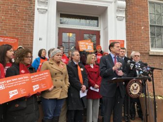 U.S. Sen. Richard Blumenthal announces a new federal gun storage bill outside Guilford Town Hall on Friday.