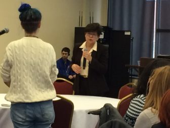 President Toro answers a question from Erin Sagnelli, a senior theater major.