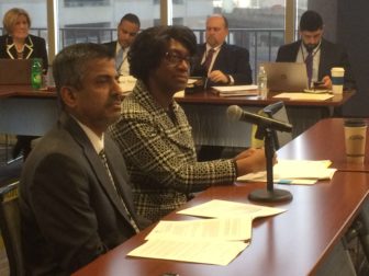 The State Department of Education’s Ajit Gopalakrishnan and Charlene Russell-Tucker present the state’s report on suspensions and expulsion Wednesday.