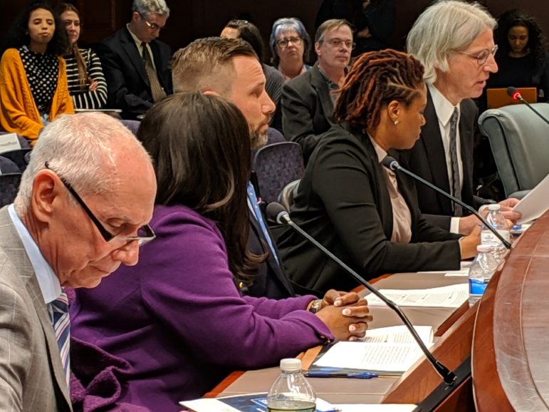 CSCU President Mark Ojakian, far left,and his staff presented told legislators about plans to merge the 12 community colleges into a single state college.To Ojakian's right are Jane Gates, provost, Michael Buccilli of Gateway Community College, Tamika Davis of Tunxis Community College, and Ken Klucznik, transfer and articulation policy manager.