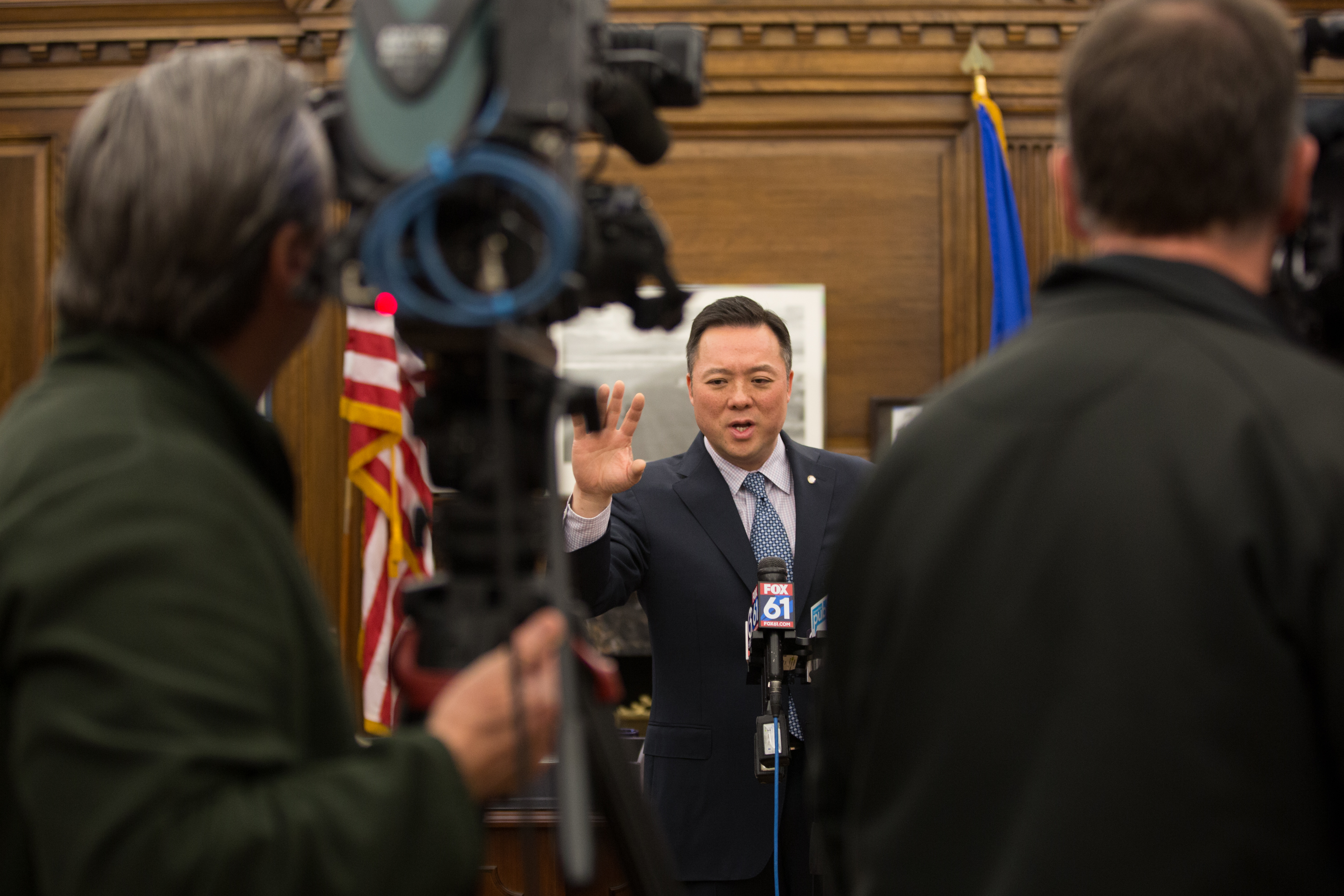Attorney General William Tong answers questions from the media.