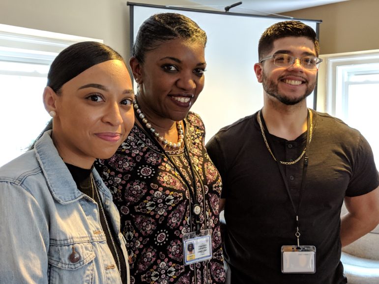 DCF Commissioner Vannessa Dorantes with two DCF social worker trainees, Brenda Whittingham, left, and Michael Quick. Whittingham and Quick were taking part in simulated training exercises Monday.