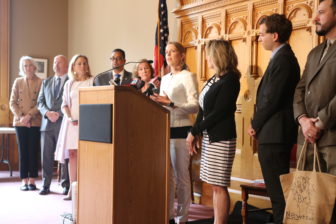 Sen. Christine Cohen, D-Guilford provided details on a bill banning plastic bags in two years at a news conference Wednesday.