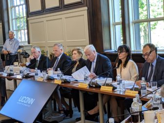 UConn trustees voted on budget Wednesday. UConn President Susan Herbst is third from left. From left trustees are Denis Nayden, Andy Bessette, Tom Ritter, interim chairman, Andrea Dennis-LaVigne and Sanford Cloud Jr.